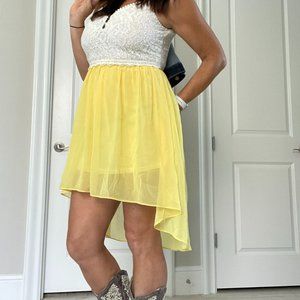 High Low Yellow Sundress with Lace Top & Leather Straps